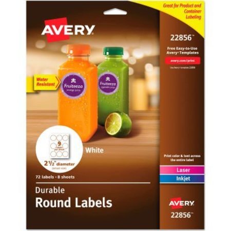 AVERY DENNISON Avery Durable White Round ID Labels, 2-1/2in diameter, White, 72/Pack 22856
